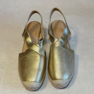 Elegant Gold Women's Slingback Espadrilles, elastic strap, 2” wedge, size 41, 10